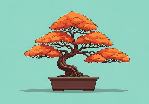 Stylized bonsai tree with vibrant autumn foliage in ceramic container