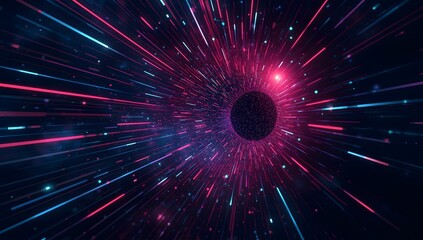 Dynamic abstract digital tunnel with blue and red light trails and glowing particles