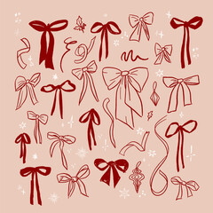 Hand drawn sketch elegant cute line art Christmas festive bows ribbons
