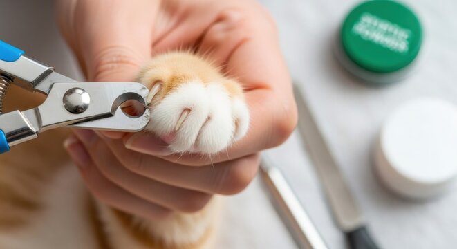 Woman with cat paw clipper trimming nail of pet cat for grooming and hygiene concept. Domestic animal care and healthy routine.