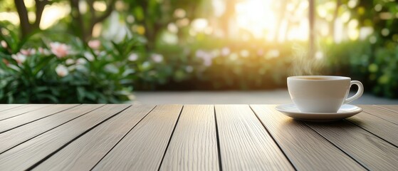 Morning light highlights a cup of hot tea on a wooden table, offering a moment of relaxation in a serene garden setting