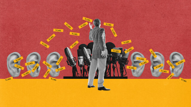 Speaker surrounded by ears and microphones in abstract communication collage. Concept of mass media manipulation, propaganda, information overload, and audience influence systems.