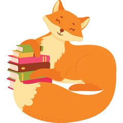 Cute Orange Fox Curled Up With Stack Of Colorful Books On Transparent Background Cozy Atmosphere Adorable Illustration