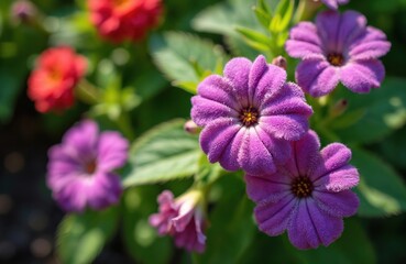 Fototapeta premium Close up photo of vibrant purple flowers in full bloom. The floral arrangement shows beautiful detailed petals and dark centers. Green leaves provide contrast. Summer garden floral background.