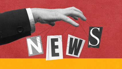 Hand controlling word NEWS like puppet in media manipulation collage. Concept of journalism control, freedom of press, propaganda, fake narratives, and power over public opinion. © master1305