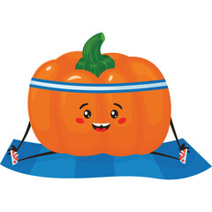 Cute Orange Pumpkin Character With Blue Headband Doing Yoga On Blue Mat With Smiling Face And Cartoon Arms And Legs Transparent Background