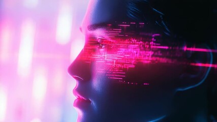 Woman's profile with digital data overlaying face - Powered by Adobe