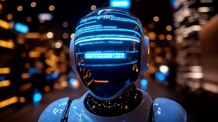 Futuristic robot bust against blurred cityscape lights - Powered by Adobe