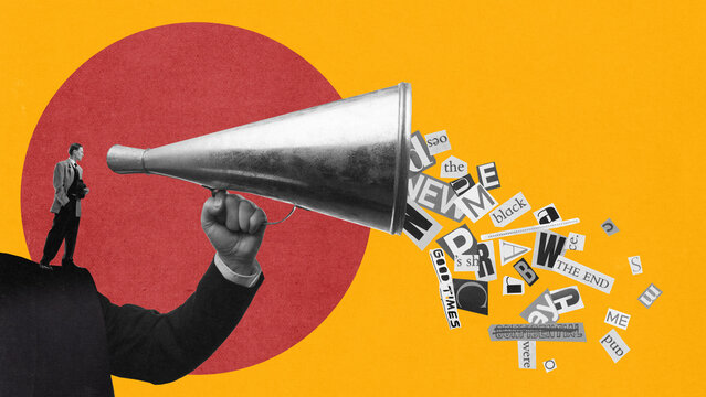 Little man with huge megaphone spreading words and letters in surreal propaganda collage. Concept of information chaos, media noise, distorted communication, and uncontrolled public influence.