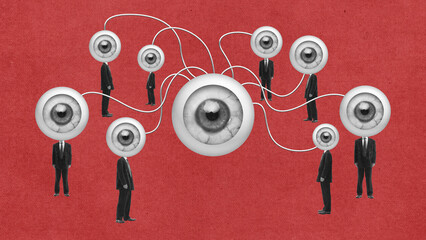 Businessmen with connected eyes symbolizing mutual surveillance and control. Concept of privacy loss, data observation, corporate monitoring, and psychological dependency in modern society.