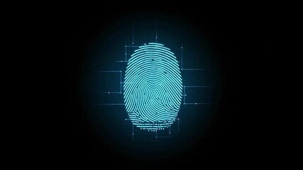 Futuristic user interface scanning a glowing blue fingerprint for biometric identification, representing cybersecurity, criminal investigation, and secure digital access on a black background - Powered by Adobe
