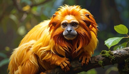 A close-up portrait of a small, golden-furred primate perched on a tree branch, observing the viewer intently