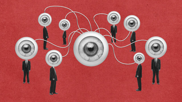 Businessmen with connected eyes symbolizing mutual surveillance and control. Concept of privacy loss, data observation, corporate monitoring, and psychological dependency in modern society.