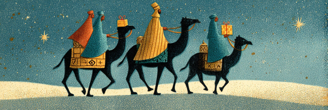 Three wise men ride camels across a snowy landscape, adorned in colorful robes. They carry gifts symbolizing the birth of Jesus, highlighting retro Christmas themes of the 1950s and 1960s