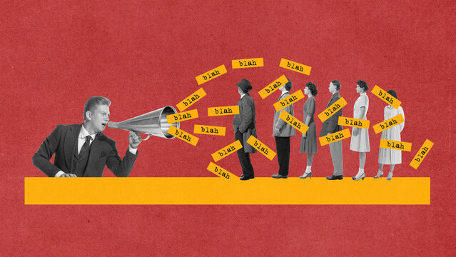 Man shouting through megaphone at people in line in propaganda illustration. Concept of manipulation, social obedience, authority influence, and mass communication power structures.