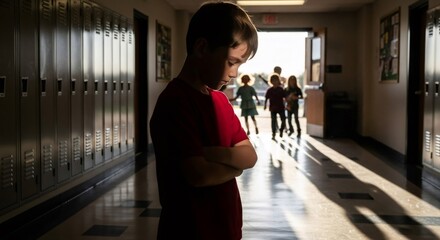 Sad boy standing alone in school hallway as other children walk outside. Concept of childhood emotional isolation due to neurodiversity or bullying.