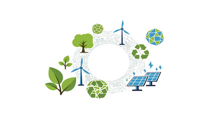 Illustration of renewable energy sources including solar panels, wind turbines, trees, recycling symbol, and foliage arranged in a circular design.