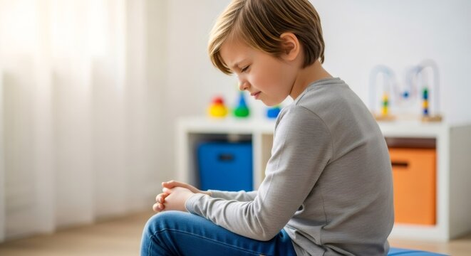 Child concentrating with hands clasped, showing focus or introspection. Kid with developmental delay concept.