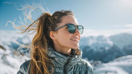 Young woman enjoying the alpine scenery with flowing hair, wearing sunglasses, camera pans to capture her joyful expression in winter landscape