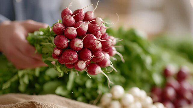 Freshly harvested radishes are being arranged on a rustic table, showcasing vibrant colors and textures, camera zooms in on the details