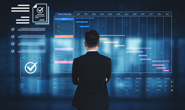 A project management dashboard for business. The interface features a Gantt chart to visualize the project timeline, task scheduling, and overall progress for efficient workflow. Fermion