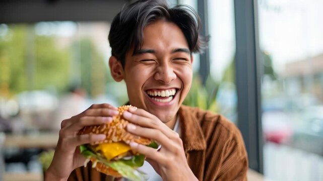 Young man joyfully prepares to take a big bite of a vegan burger, embracing the Veganuary challenge this January, camera zooms in on the action