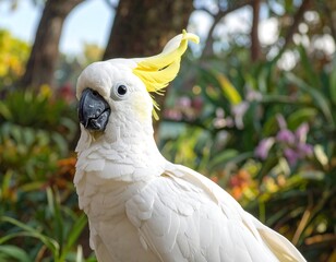 A close-up portrait of a white bird with a distinctive yellow crest against a lush, out-of-focus garden background