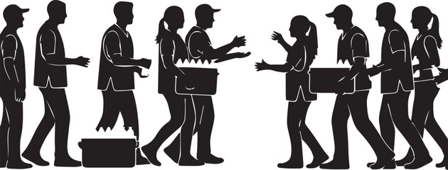 Silhouettes of diverse volunteers distributing donations on international volunteer day