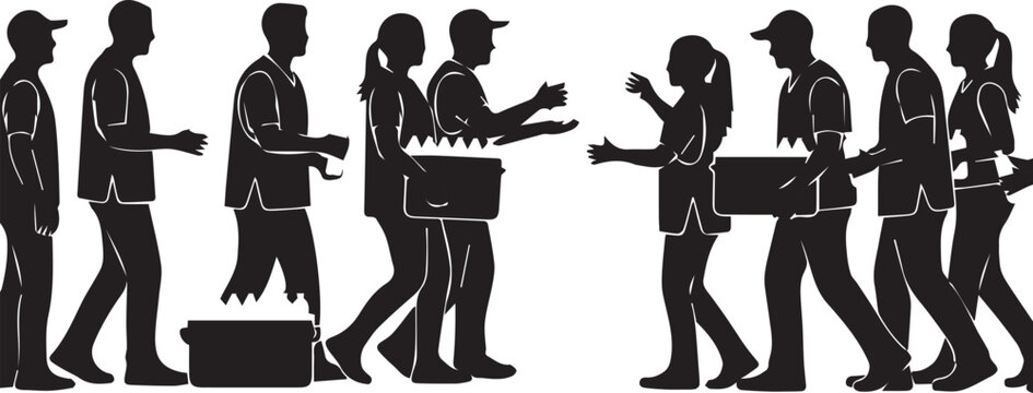Silhouettes of diverse volunteers distributing donations on international volunteer day