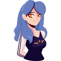 Pixel Art Portrait Of A Young Woman With Blue Wavy Hair Orange Eyes Wearing A Black Tank Top With A Graphic Design On It And White Stripes On The Sleeves Against A Transparent Background