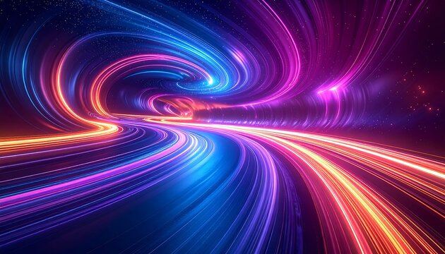 Abstract rendering of swirling neon lights in vibrant hues of blue, purple, and orange against a dark background