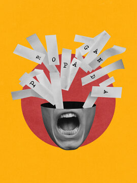 Creative digital artwork. Open mouth shouting propaganda letters on yellow background. Concept of ideology spread, emotional persuasion, manipulation, and dominance in mass communication.