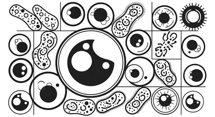 Fototapeta premium “Abstract Microbial World – Modern Black and White Microscopic Cell Art Background”