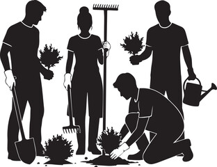 Diverse group of people volunteering together gardening on international volunteer day planting flowers and trees