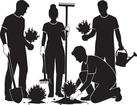 Diverse group of people volunteering together gardening on international volunteer day planting flowers and trees - Powered by Adobe