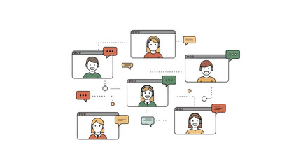 Illustration of six people in video conference calls with speech bubbles, connected by lines, representing online communication.