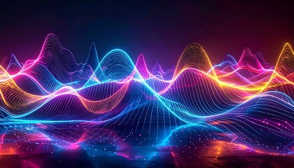 Abstract landscape of flowing colorful neon lights, resembling digital soundwaves or a futuristic terrain