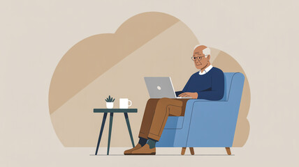 Elderly man with glasses sitting in a blue armchair using a laptop next to a small table with a plant and mug