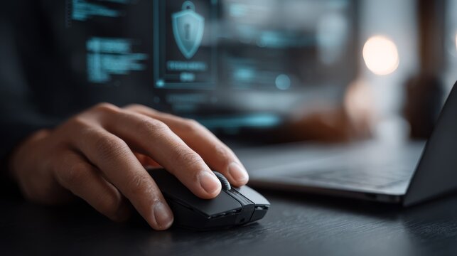 hand on computer mouse, cyber security concept