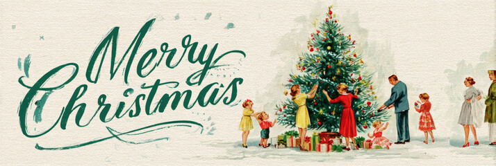 A cheerful family decorates a Christmas tree with colorful ornaments in a cozy living room. The scene captures the warmth and joy of the holiday season in the 1950s, banner