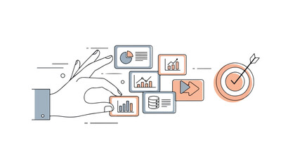 Hand placing data chart tiles leading towards a target with an arrow, representing business goals and data analysis.