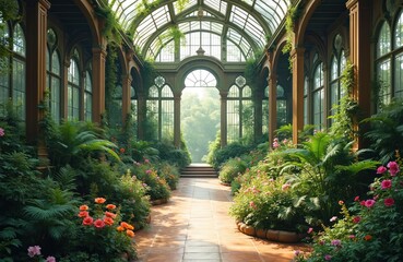Fototapeta premium Victorian botanical garden walkway with rich green plants, blooming flowers. Ornate greenhouse structure with glass roof, arched windows creates historic ambiance. Sunlight streams through,