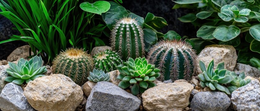 Beautiful garden featuring colorful cacti and succulents growing among rocks in a natural landscape setting