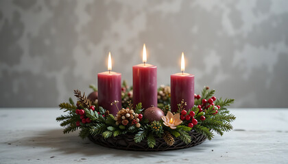 Advent Candle Arrangement with Lit Red Candles and Festive Greenery on White Surface
