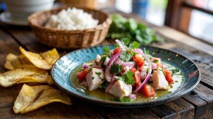 National dishes of Belizean cuisine. 
Ceviche is a raw fish marinated in lime juice with onions, tomatoes and spices.