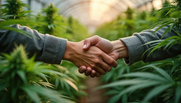 Two people shaking hands in greenhouse filled with cannabis plants. Partners agree on deal in marijuana industry. Hands clasped together partnership, collaboration. Cannabis cultivation in controlled