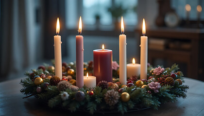 Advent Candle Arrangement with Pink and White Candles on Festive Greenery