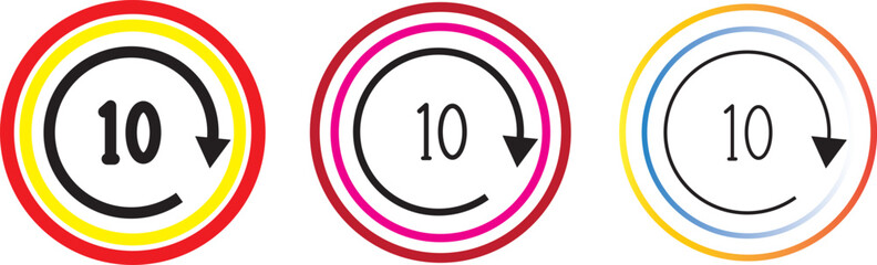 10 seconds backward and fast forward button. Round repeat and next buttons. Player playback elements. Circle arrow icon. Replay or next symbol
