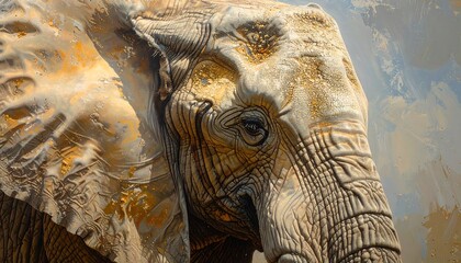 A close-up portrait of an elephant's head and eye, featuring textured skin and golden hues. Painted backdrop