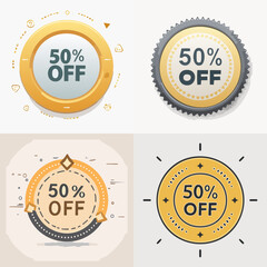 Elegant circular gold 50% OFF badges set, flat vector design with modern typography and minimal decoration for sale and marketing promotion